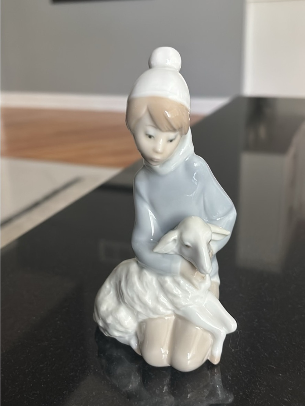 Lladro Porcelain Girl with Sheep Figurine - Light Blue and Cream
